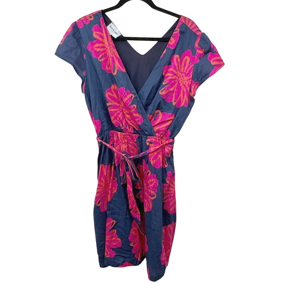 Leo & Ugo Paris Floral Print Dress Womens Size 2 Pink Orange Navy Blue tie Waist